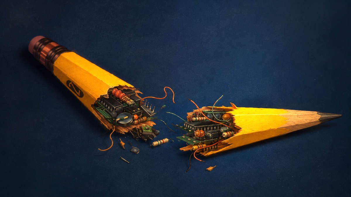 Matita_Hackers Immagine rigenerata dalla copertina del testo Hackers di Steven Levy del 1984. Una matita rotta, aperta e dentro componenti elettronici